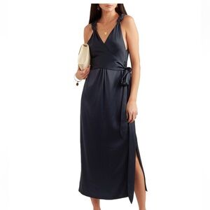 Nanushka shanti knotted satin midi wrap dress. Midnight blue size medium.